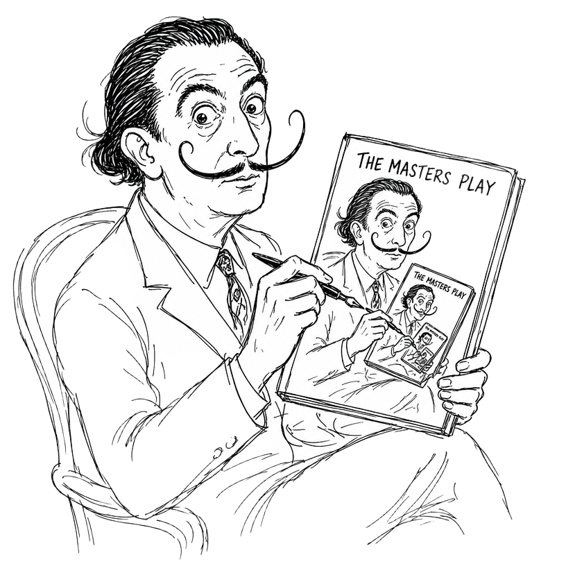 Hand-drawn ink doodle of Dalí's twin drawing the cover of The Masters Play, which shows him drawing it again